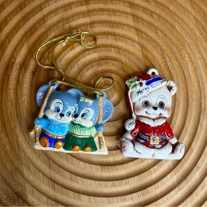 Vintage 1990s Hand-painted Glossy Ceramic Christmas Mouse Ornaments Set Of 2